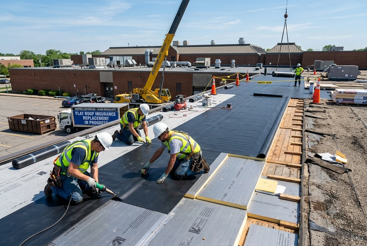 Storm damage flat roof insurance claim replacement cost
